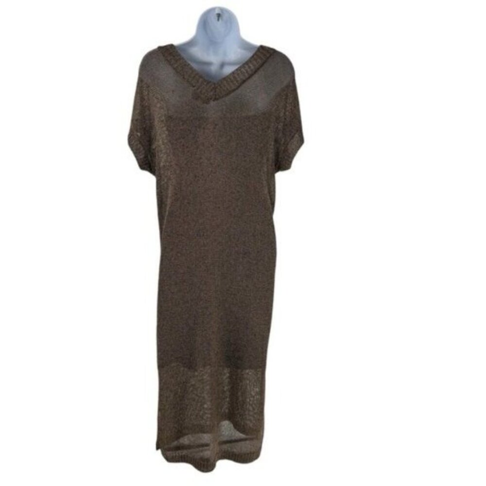 Tuckernuck Bronze Metallic Knit Mesh V Neck Short Sleeve Midi Dress Size L - Picture 5 of 9